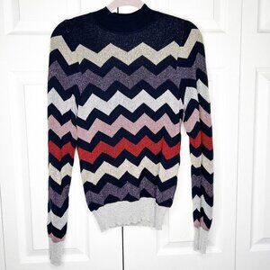 Tara Jarmon Navy Blue Metallic Chevron Mock Neck Sweater Women's Size Small S